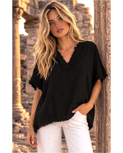 LILLIANO - Italian Raw Edges Solid Linen Baggy Top Raw Edge V-Neck (Black)