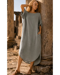 LILLIANO - Plus Size Made Plain Linen Lagenlook Dress (Khaki)