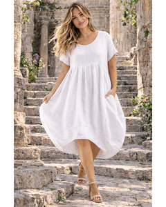 Linen Collection: LILLIANO - Plain Linen Quirky Lagenlook Midi Swing Dress (White)