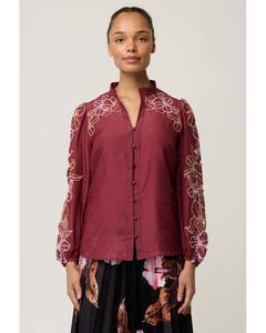 Once Was - Maren Embroidered Cotton Silk Blouse (Garnet Orchid)