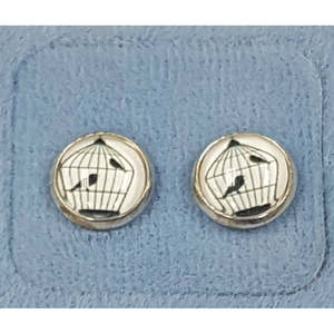 Earrings: Glass Dome Earring - Black & White Bird in Cage