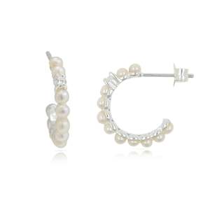 Freshwater Pearls: Sterling Silver Pearl & CZ Stud Hoop Earrings