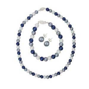 Freshwater Pearls: Faux Pearl Earring, Bracelet & Necklace Set in Blue, Gray & White