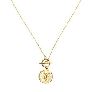 Stainless Steel Gold Tone Fob Coin Necklace