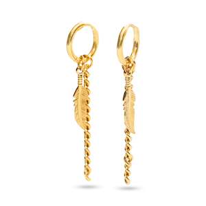 Stainless Steel Gold Tone Sleeper Feather & Chain Drop Earrings