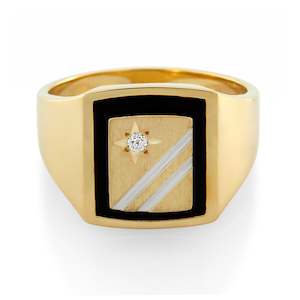 Mens Jewellery: 9ct Yellow Gold Onyx & Diamond Gents Signet Ring