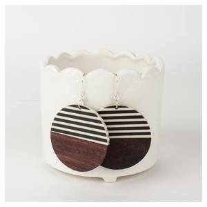 Round Black & White Stripe Wood Earrings