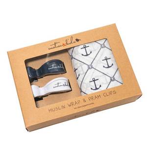 Baby Swaddles Wraps: Navy Anchor Muslin & Pram Clip Pack