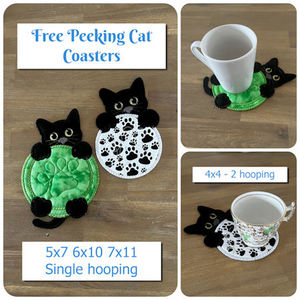 Free In the hoop Peeking Cat Coaster - Kreative Kiwi Embroidery Designs