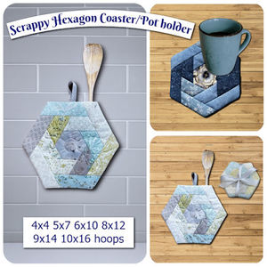 Products: In the hoop Scrappy Hexagon Coasters and Potholders - Machine Embroidery Catalogue Kreative Kiwi