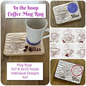 Products: In the hoop Coffee Mug Rug - Machine Embroidery Catalogue Kreative Kiwi