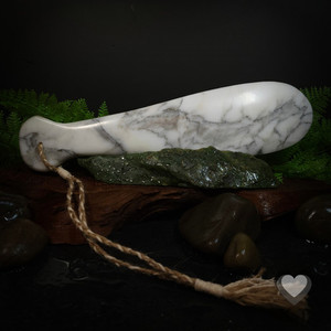 White Carrara Mapere with Grey Vein Patu - Large Kowhatu Taonga