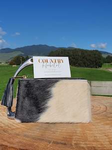 Cowhide Purses: The York - Ivory and Black Small Tassel Cowhide Clutch