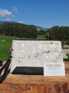 Cowhide Purses: The Detroit - White & Gold with Black Cowhide Clutch