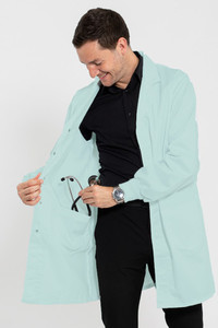 Essential Knit Cuff Lab Coat Sea Foam - Inner Pockets - Pharmacy Coat