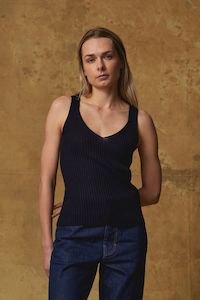 Standard Issue Merino Rib V Neck Tank - Navy