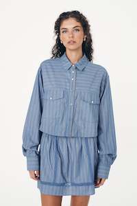 Rowie The Label: Cole Stripe Crop Shirt - Lagoon