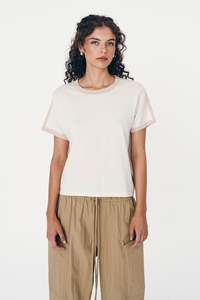 T Shirt: Rania Contrast Knit Tee - Oat Milk