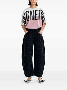 Black Floral Print Barrel Leg Cropped Jeans