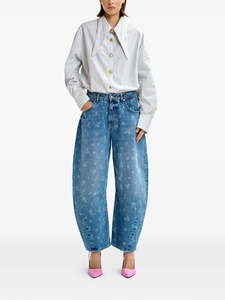 Blue Floral Print Barrel Leg Cropped Jeans