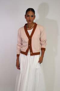 Knitwear: Tatano Contrast Cardi - Blush / Rust