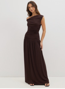 Size 10: Dazie - Jersey Off The Shoulder Maxi in Chocolate