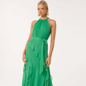 Size 14: Forever New - Bridie Halter Neck Ruffle Maxi Dress in Green