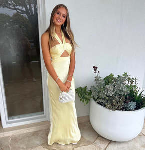 Shona Joy - La Lune Plunged Ruched Halter Maxi Dress - Lemon