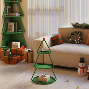 New Arrival: Holly 3 Tier Metal Pine Tree Shaped Storage Shelf 20/30/40cm - Green & Red