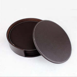 Drinkware: Cosmo 7PCS Round 2 Sides PU Leather Coaster Set - Brown