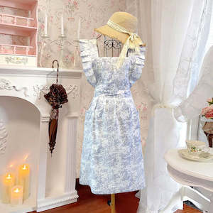 Decoration: Marie Roy Elegant Ink Floral Apron with Ruffled Straps - White & Blue