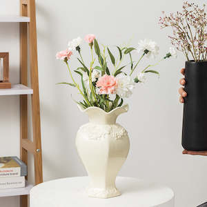 Elodie Vintage Embossed Ceramic Vase with Wavy Rim - Cream Yellow