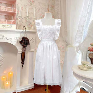 Marie Roy French Rustic Lace Apron with Ruffled Straps - White