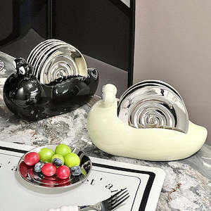 Catto 7PCS Ceramic Snail Dessert/Side Plate with Holder Set - Black & Silver