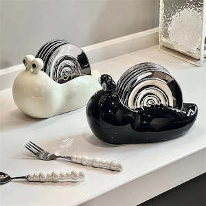 Catto 7PCS Ceramic Snail Dessert/Side Plate with Holder Set - White & Silver