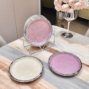 Catto 7PCS Ceramic Dessert/Side Plate with Holder Set - Pink & Cream