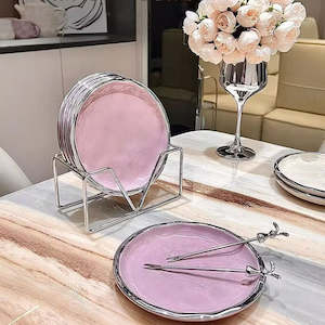 Catto 7PCS Ceramic Dessert/Side Plate with Holder Set - Pink