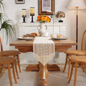 Fabric: Bianco Elegant Lace Table Runner with Scalloped Edge 220/240cm - Natural Beige