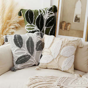 Miro Tufted Leaves Cotton&Linen Cushion Cover with Tassel 45x45cm - Green/Yellow