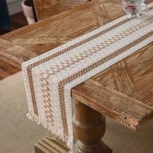 Bianco Cotton&Linen Argyle Table Runner with Tassels 220/240cm - Natural Beige