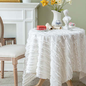 Tablecloth: Claudia French Cotton & Linen Square Tablecloth with Tassels - White