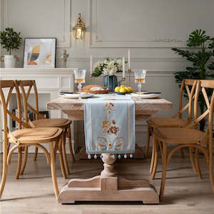 Tablecloth: Bianco European Vintage Embroidered Floral Table Runner 240x32cm - Light Blue