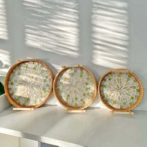 Basket: Charlotte Hand-made Rattan & Shell Tray With Handles 28cm - Green