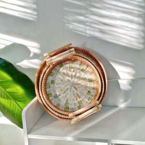 Charlotte Hand-made Rattan & Shell Tray With Handles 22cm - Green