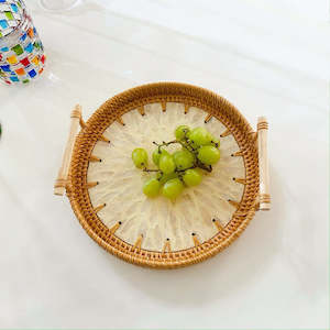 Charlotte Hand-made Rattan & Shell Tray With Handles 22cm - White