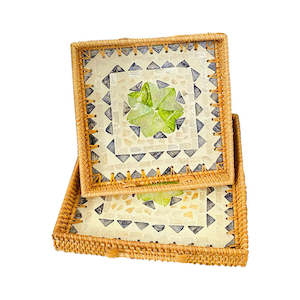 Basket: Riza Hand-made Rattan & Shell Tray With Handles 25cm