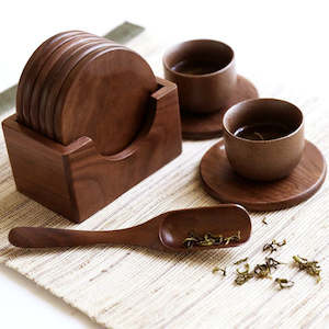 Coaster: Momento 6PCS Solid Walnut Wood Coaster With Holder Set