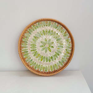 Attaya Hand-made Round Rattan & Shell Tray 35cm - Green Grapes
