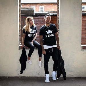 Sportswear: King Queen Letter Printed Black Tshirts Summer Casual Cotton Short Sleeve Tees Tops Brand Loose Couple Tops