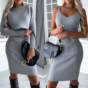 Ladieswear: 2pcs Suit Women's Solid Stripe Long-sleeved Top And Tight Suspender Skirt Fashion Autumn Winter Slim Clothing